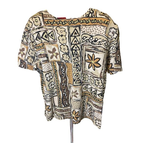 Vintage 90s Cathy Daniels Brown Patterned Round Neck Short Sleeve Top Sz M - Picture 2 of 6